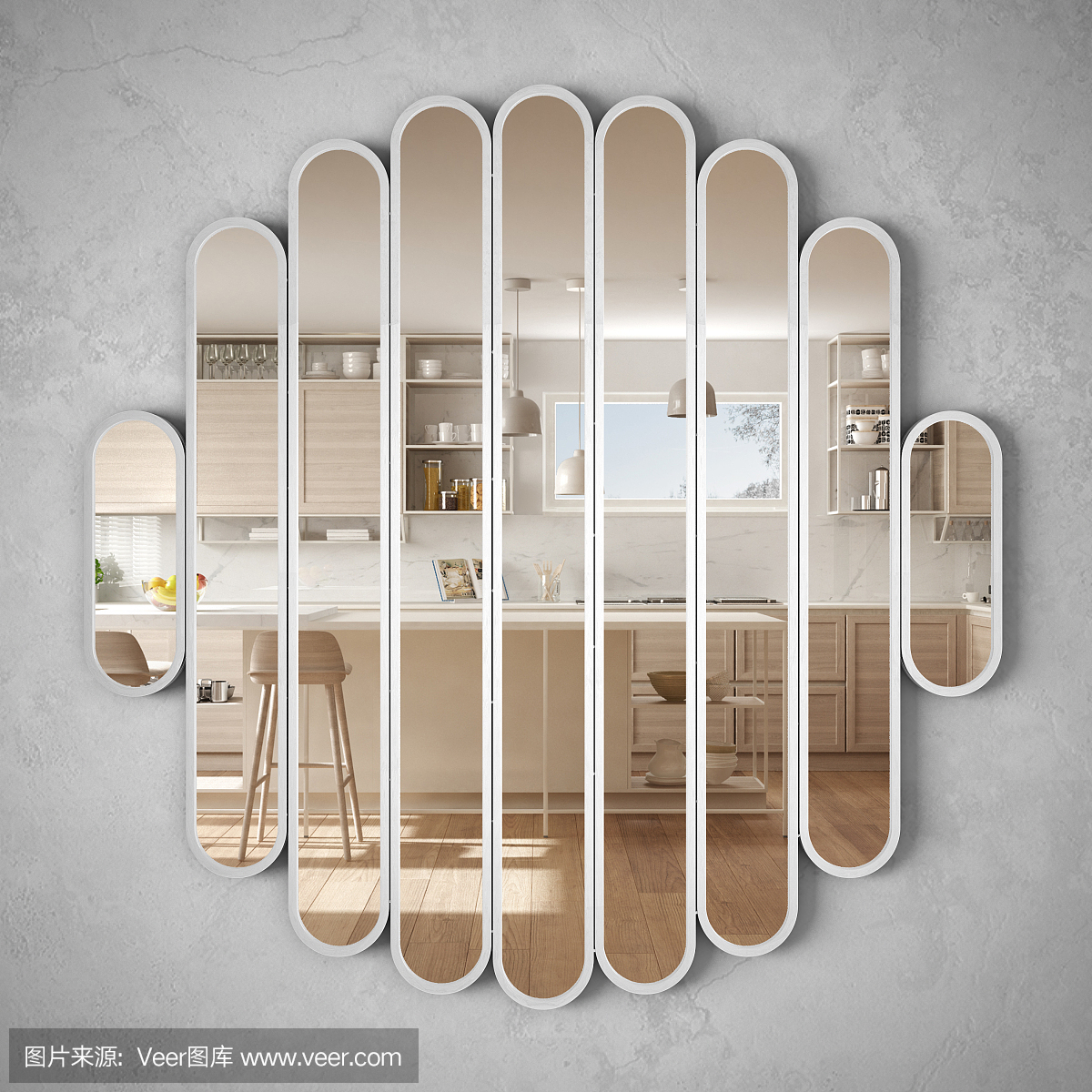 现代的镜子挂在墙上反映室内设计场景,明亮的白色和木制厨房,极简的白色建筑,建筑师的概念理念